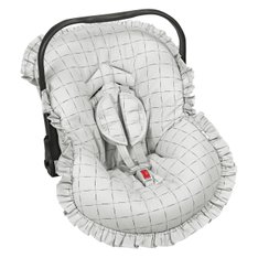 Capa Bebê Conforto e Protetor de Cinto Quadriculado Cinza Ajustável e com Babado, 100% Algodão - 3 Peças Capa Bebê Conforto e Protetor de Cinto Quadriculado Cinza Ajustável e com Babado, 100% Algodão - 3 Peças