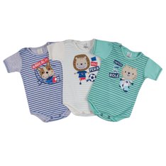 Kit Body Manga Curta Diversão Listrado para Menino em Tecido 100% Algodão - 3 Peças Kit Body Manga Curta Diversão Listrado para Menino em Tecido 100% Algodão - 3 Peças