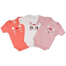 Kit Body Manga Curta Carinhas Rosa para Menina em Tecido 100% Algodão - 3 Peças Kit Body Manga Curta Carinhas Rosa para Menina em Tecido 100% Algodão - 3 Peças