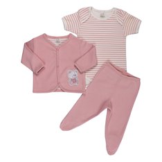 Conjunto Ursinha para Menina com estampinhas de listras Rosê e Casaquinho bordado em Tecido 100% Algodão - 3 Peças Conjunto Ursinha para Menina com estampinhas de listras Rosê e Casaquinho bordado em Tecido 100% Algodão - 3 Peças