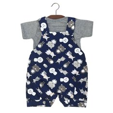 Jardineira Marinho Estampada de Bichinhos e Camiseta Cinza em Malha - 2 peças Jardineira Marinho Estampada de Bichinhos e Camiseta Cinza em Malha - 2 peças