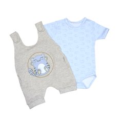 Jardineira Cinza com Bordado de Gatinho e Body Azul em Malha - 2 peças Jardineira Cinza com Bordado de Gatinho e Body Azul em Malha - 2 peças