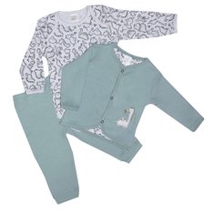 Conjunto para Menino Caio na cor Verde com estampinhas de Dino e Casaquinho bordado - 3 Peças Conjunto para Menino Caio na cor Verde com estampinhas de Dino e Casaquinho bordado - 3 Peças