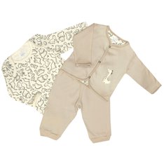 Conjunto para Menino Caio na cor Cáqui com estampinhas de Dino e Casaquinho bordado - 3 Peças Conjunto para Menino Caio na cor Cáqui com estampinhas de Dino e Casaquinho bordado - 3 Peças