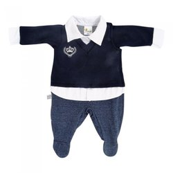Macacão Manga Longa Meu Príncipe Jeans Marinho Malha Macacão Manga Longa Meu Príncipe Jeans Marinho Malha