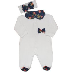 Macacão Longo De Bebê Mili Branco e Floral Marinho 2 Peças Macacão Longo De Bebê Mili Branco e Floral Marinho 2 Peças