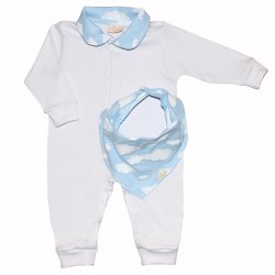 Macacão Longo de Bebê Branco + Babador Bandana Nuvem Azul Macacão Longo de Bebê Branco + Babador Bandana Nuvem Azul