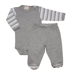 Kit Body e Mijão de Bebê Cinza com Listrado Malha Kit Body e Mijão de Bebê Cinza com Listrado Malha