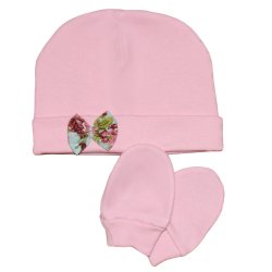 Kit Touca e Luva de Bebê Lacinho Floral Rosa Malha Kit Touca e Luva de Bebê Lacinho Floral Rosa Malha