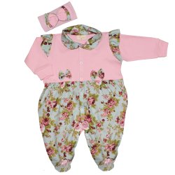 Macacão Longo de Bebê Ane Floral Rosa com Faixa de Cabelo Macacão Longo de Bebê Ane Floral Rosa com Faixa de Cabelo