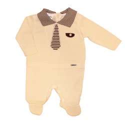 Macacão Longo de Bebê Gravata Bege Tricot Macacão Longo de Bebê Gravata Bege Tricot