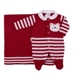 Saída de Maternidade Ursa Nina Vermelho Listrado Tricot 2 Peças Saída de Maternidade Ursa Nina Vermelho Listrado Tricot 2 Peças