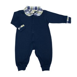 Macacão Longo de Bebê Xadrez Marinho com Amarelo Malha Macacão Longo de Bebê Xadrez Marinho com Amarelo Malha
