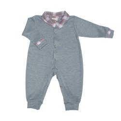 Macacão Longo de Bebê Cinza com Xadrez Malha Macacão Longo de Bebê Cinza com Xadrez Malha