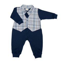 Macacão Longo de Bebê Charmoso Marinho com Xadrez Malha Macacão Longo de Bebê Charmoso Marinho com Xadrez Malha