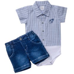 Conjunto de Bebê Body Curto e Short Jeans Foguete Conjunto de Bebê Body Curto e Short Jeans Foguete