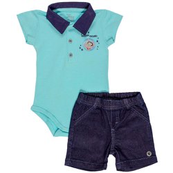Conjunto de Bebê Body Curto e Short Jeans Hipopótamo Conjunto de Bebê Body Curto e Short Jeans Hipopótamo