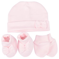 Kit Luvinhas Pantufas e Touca Lacinho Rosa Malha Kit Luvinhas Pantufas e Touca Lacinho Rosa Malha