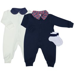 Kit Macacão de Bebê Essencial Marinho e Palha 3 Peças Kit Macacão de Bebê Essencial Marinho e Palha 3 Peças
