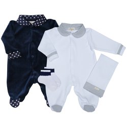 Kit Macacão de Bebê Essencial Marinho e Branco 4 Peças Kit Macacão de Bebê Essencial Marinho e Branco 4 Peças