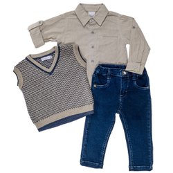 Conjunto Infantil Camisa Longa, Colete e Calça Chevron Bege Conjunto Infantil Camisa Longa, Colete e Calça Chevron Bege