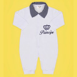 Macacão de Bebê Príncipe Branco com Azul Manga Longa Macacão de Bebê Príncipe Branco com Azul Manga Longa