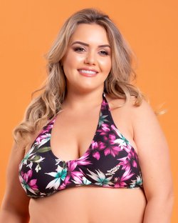 Top Praia Plus Size com Base Mais Larga, Costas de Amarrar Estampa Jardim Dark Top Praia Plus Size com Base Mais Larga, Costas de Amarrar Estampa Jardim Dark