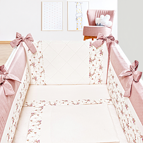 Kit Mini Berço 7 Peças Doce Encanto Floral Rosê Kit Mini Berço 7 Peças Doce Encanto Floral Rosê