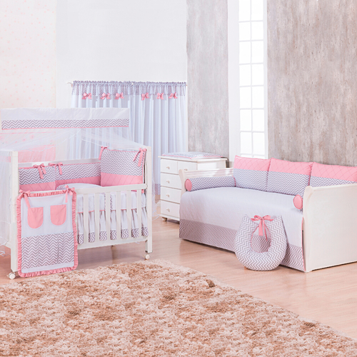Quarto Completo 19 Peças Coleção Chevron Cinza e Rosa Quarto Completo 19 Peças Coleção Chevron Cinza e Rosa