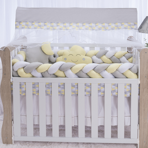 Kit Berço Trança Americano 08 Peças Nuvem Cinza com Amarelo Kit Berço Trança Americano 08 Peças Nuvem Cinza com Amarelo