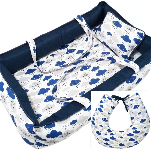 Kit Ninho Redutor De Berço E Almofada Amamentação Nuvem Azul Marinho Kit Ninho Redutor De Berço E Almofada Amamentação Nuvem Azul Marinho