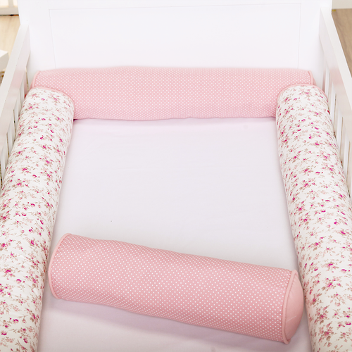 kit Berço Americano Rolinho 4 peças Floral Rosa e Poá kit Berço Americano Rolinho 4 peças Floral Rosa e Poá