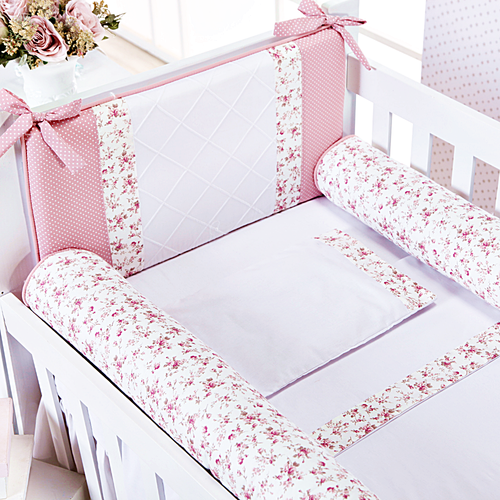 Kit Berço Americano Moderno 7 Peças Floral Rosa Kit Berço Americano Moderno 7 Peças Floral Rosa