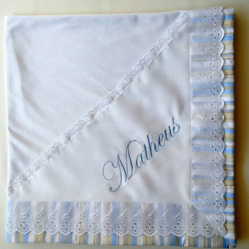 Manta para Bebê de Malha Personalizada Branca Azul Manta para Bebê de Malha Personalizada Branca Azul
