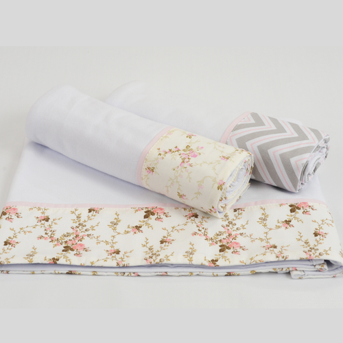 Fralda de Ombro Malha 100% Algodão Rosa Floral 03 Peças Fralda de Ombro Malha 100% Algodão Rosa Floral 03 Peças