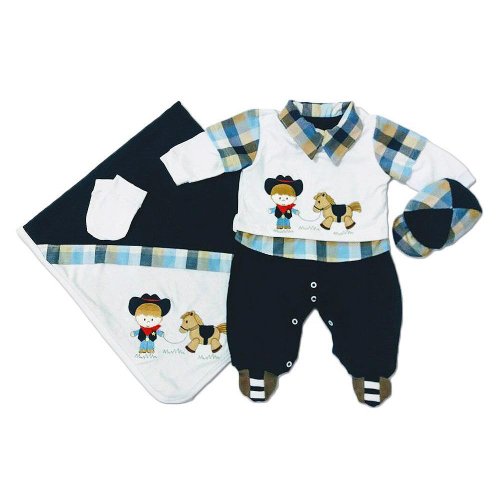 Saída Maternidade Menino Cowboy Azul Marinho 4 Peças Tamanho P (0 - 3 meses) Saída Maternidade Menino Cowboy Azul Marinho 4 Peças Tamanho P (0 - 3 meses)