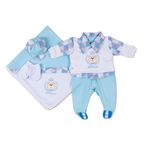 Saída Maternidade Urso Prince Azul Claro 4 Peças Tamanho P (0 - 3 meses) Saída Maternidade Urso Prince Azul Claro 4 Peças Tamanho P (0 - 3 meses)