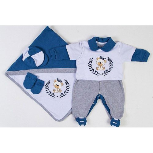 Saída Maternidade Urso Coroa Azul 4 Peças Tamanho P (0 - 3 meses) Saída Maternidade Urso Coroa Azul 4 Peças Tamanho P (0 - 3 meses)
