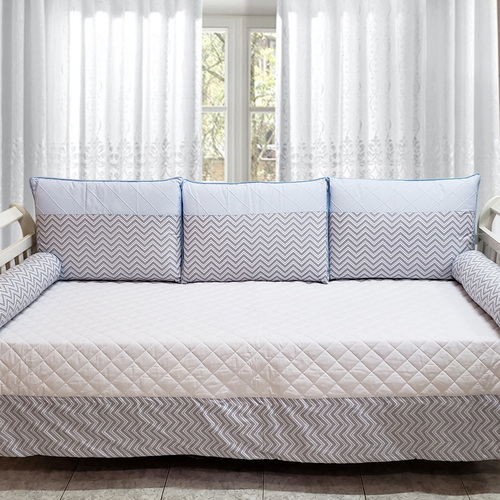 Kit Bicama 6 peças Chevron Cinza e Azul Claro Kit Bicama 6 peças Chevron Cinza e Azul Claro