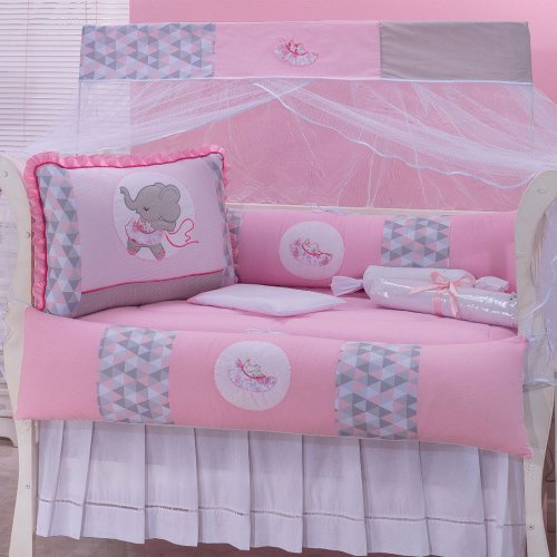 Kit Berço Elefante Amora Rosa com Cinza 100% Algodão | Essencial Enxovais