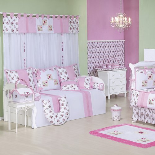 Quarto Completo Flower Rosa Branco Floral Enxoval Bebe Menina 100 Algodao Essencial Enxovais