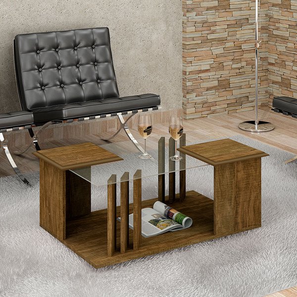 mesa de centro para sala madeira retangular tampo em vidro jade valdemoveis ipe
