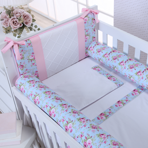 Kit Berco Americano Moderno 7 Pecas Azul Floral Rosa Tropical Baby Enxovais